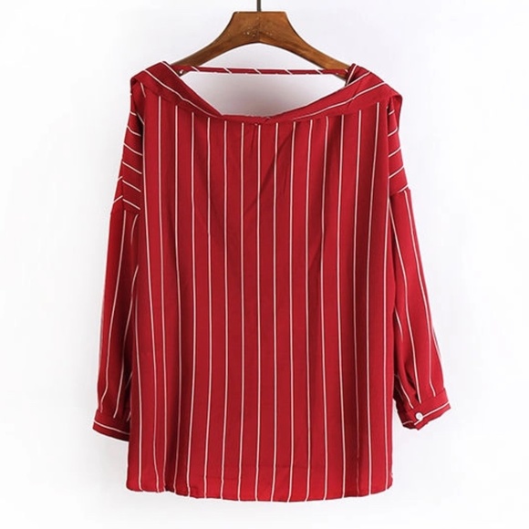 Hong Tai Lang Red & White Stripe Long Sleeves Dip-Back Shirt Women's Size S - Picture 5 of 14